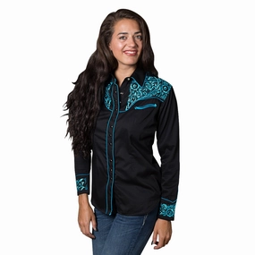 Smart Appearance Classic Color Rockmount Womens Black/Turquoise 100% Cotton Vintage Tooling L/S Shirt