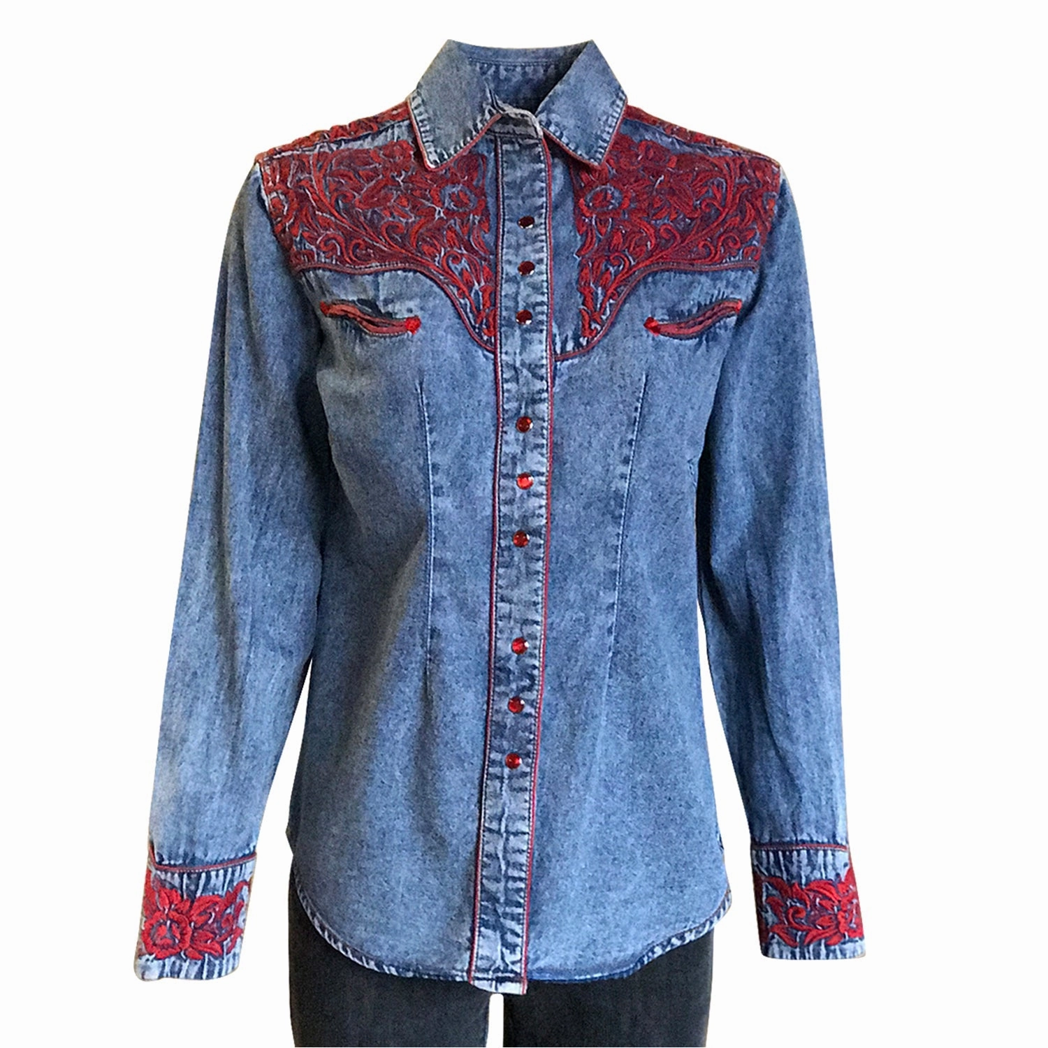 Versatile Piece Lightweight Comfort Rockmount Womens Denim/Red 100% Cotton Vintage Tooling Embroidery L/S Shirt