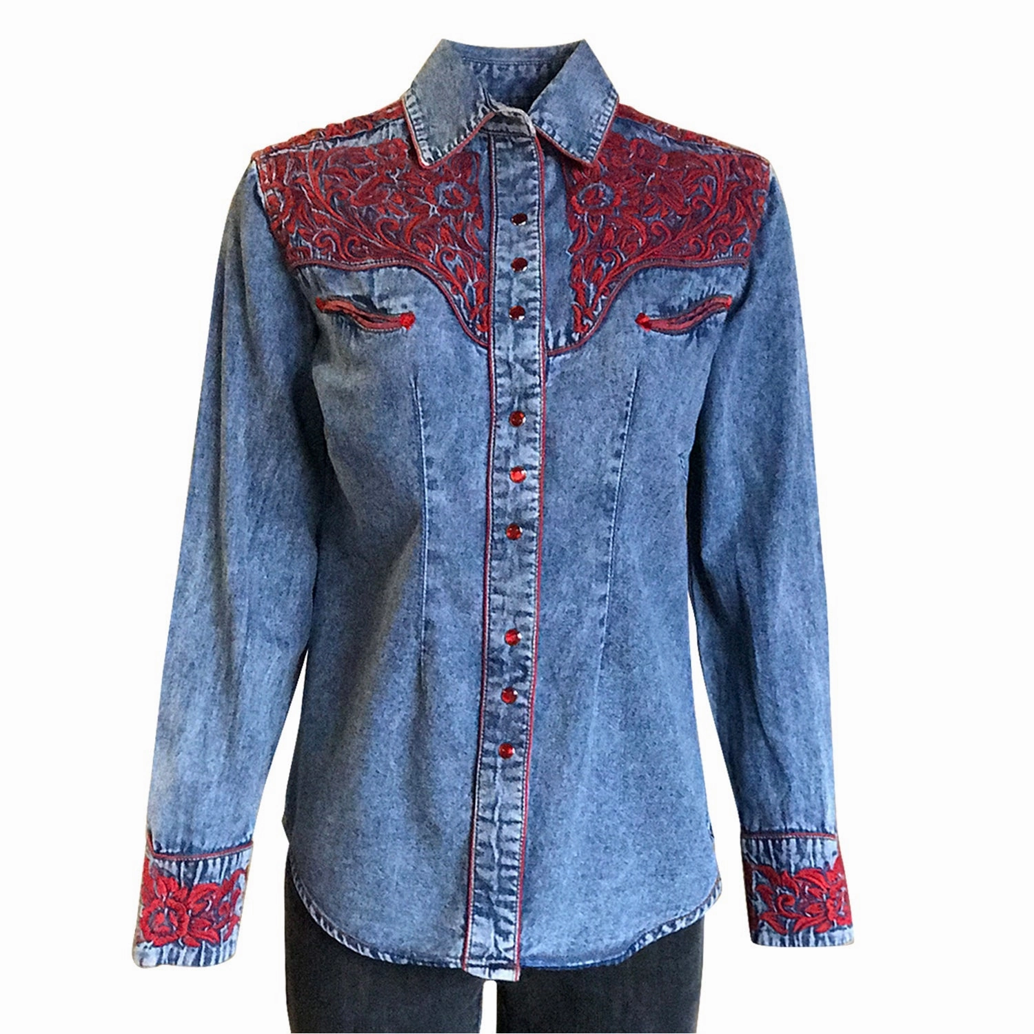 Spring Collection Rockmount Womens Denim/Red 100% Cotton Vintage Tooling Embroidery L/S Shirt