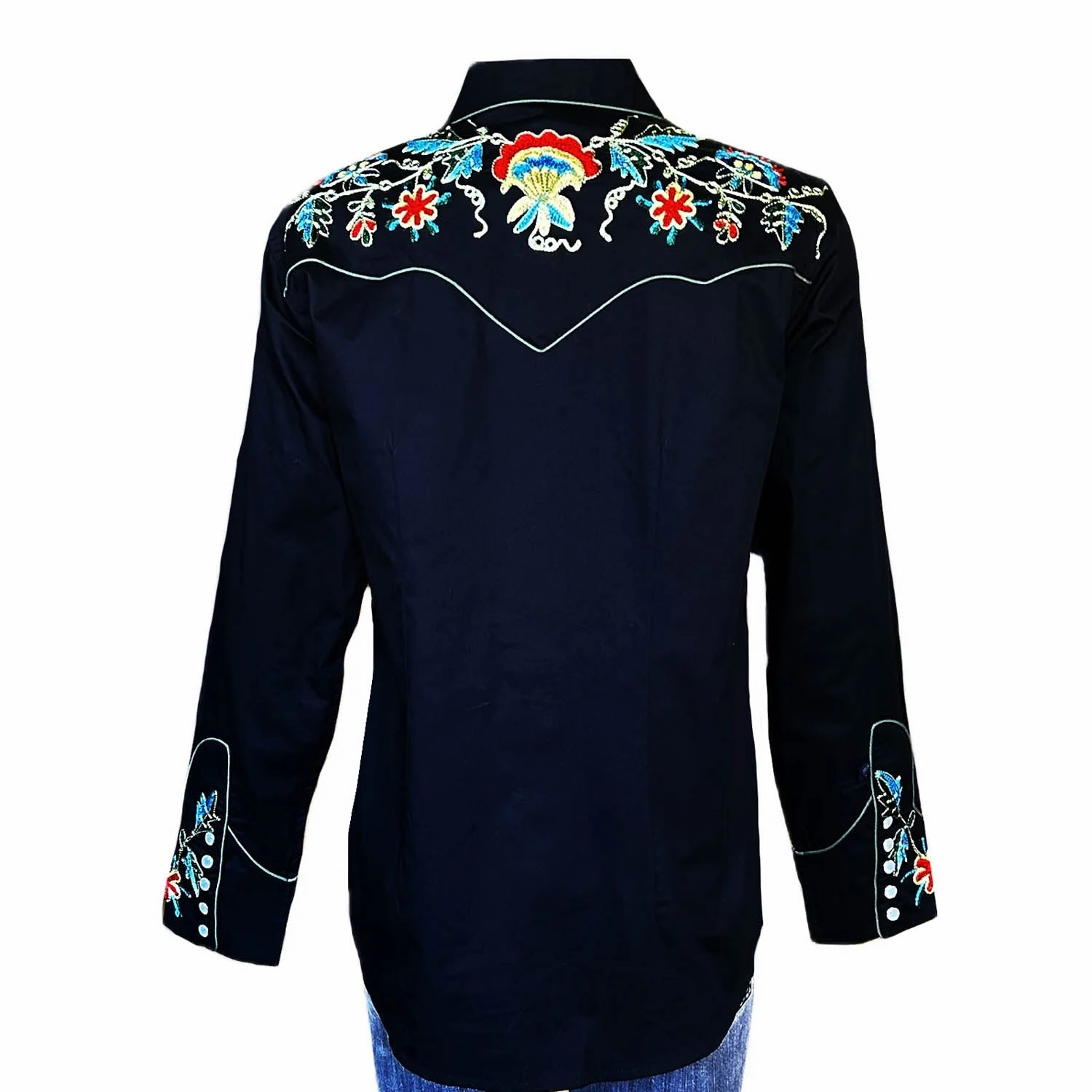 Rugged Style Durable Buttons Rockmount Womens Floral Embroidered Western Black 100% Cotton L/S Shirt