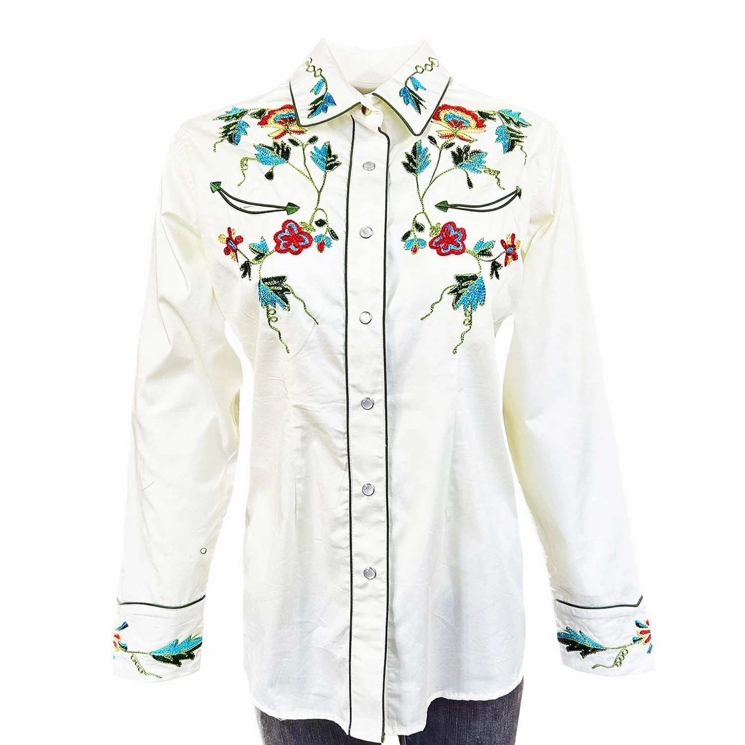 Rockmount Womens Floral Embroidered Western Ivory 100% Cotton L/S Shirt Modern Style