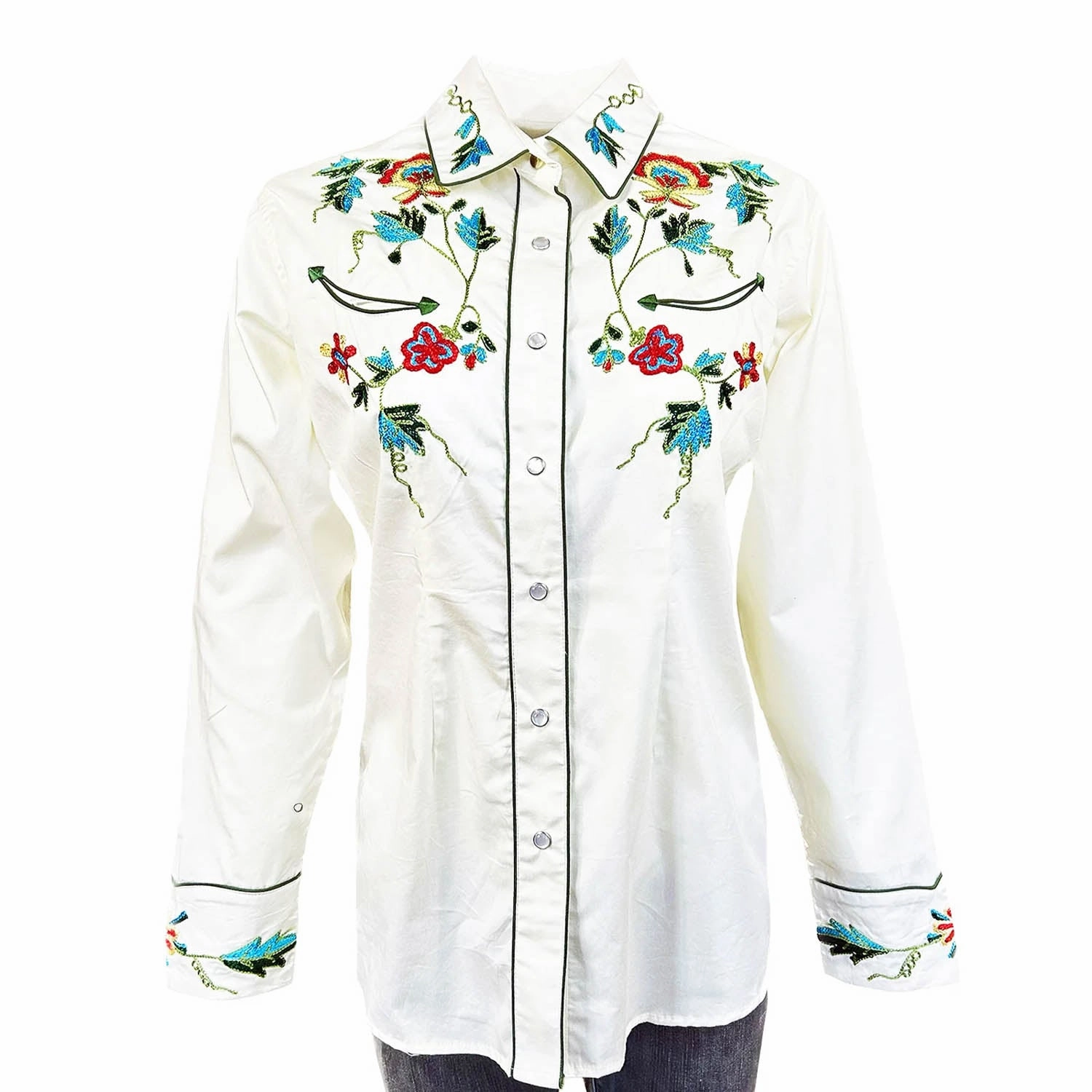 Rockmount Womens Floral Embroidered Western Ivory 100% Cotton L/S Shirt Weekend Style Casual Wear