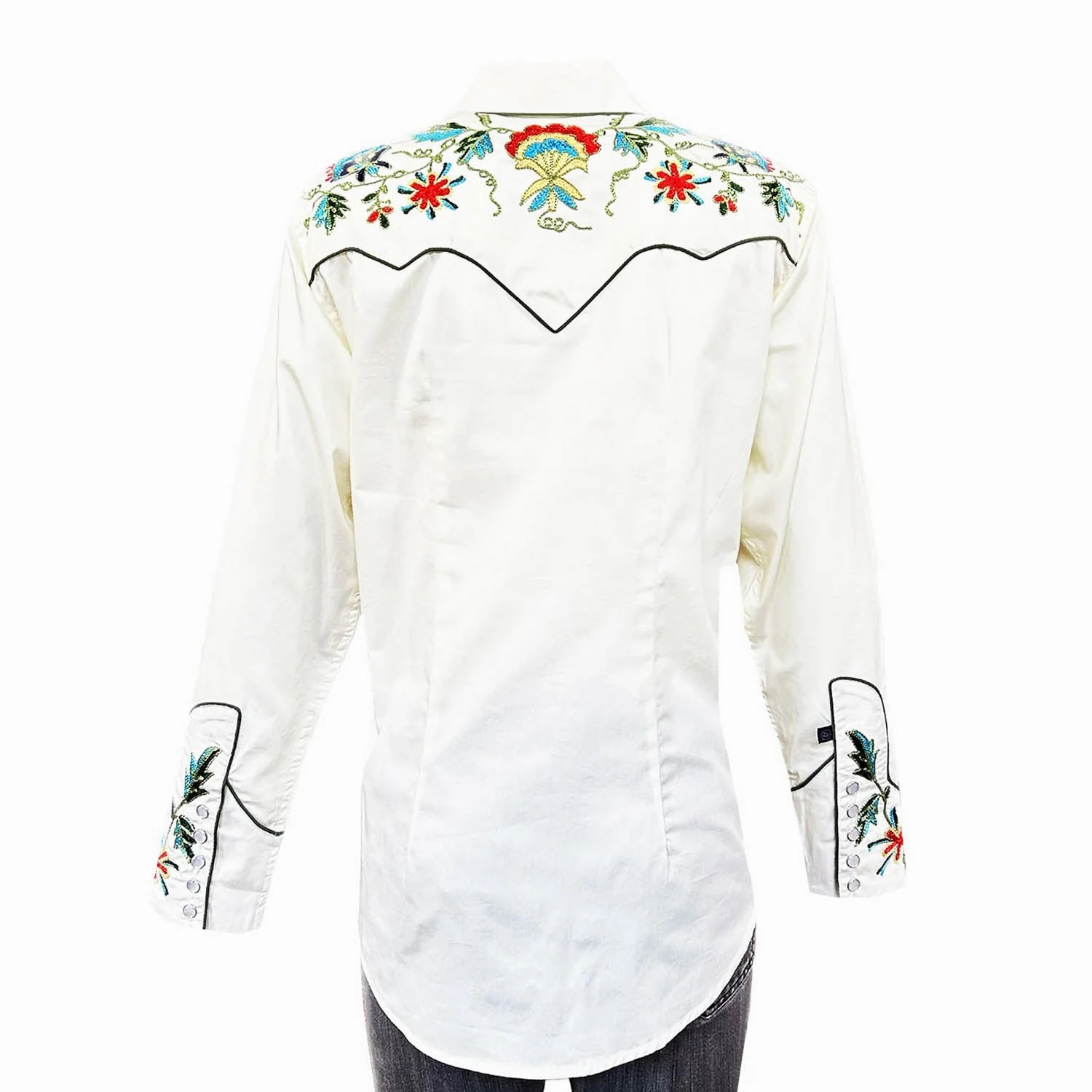 Rockmount Womens Floral Embroidered Western Ivory 100% Cotton L/S Shirt Structured Collar