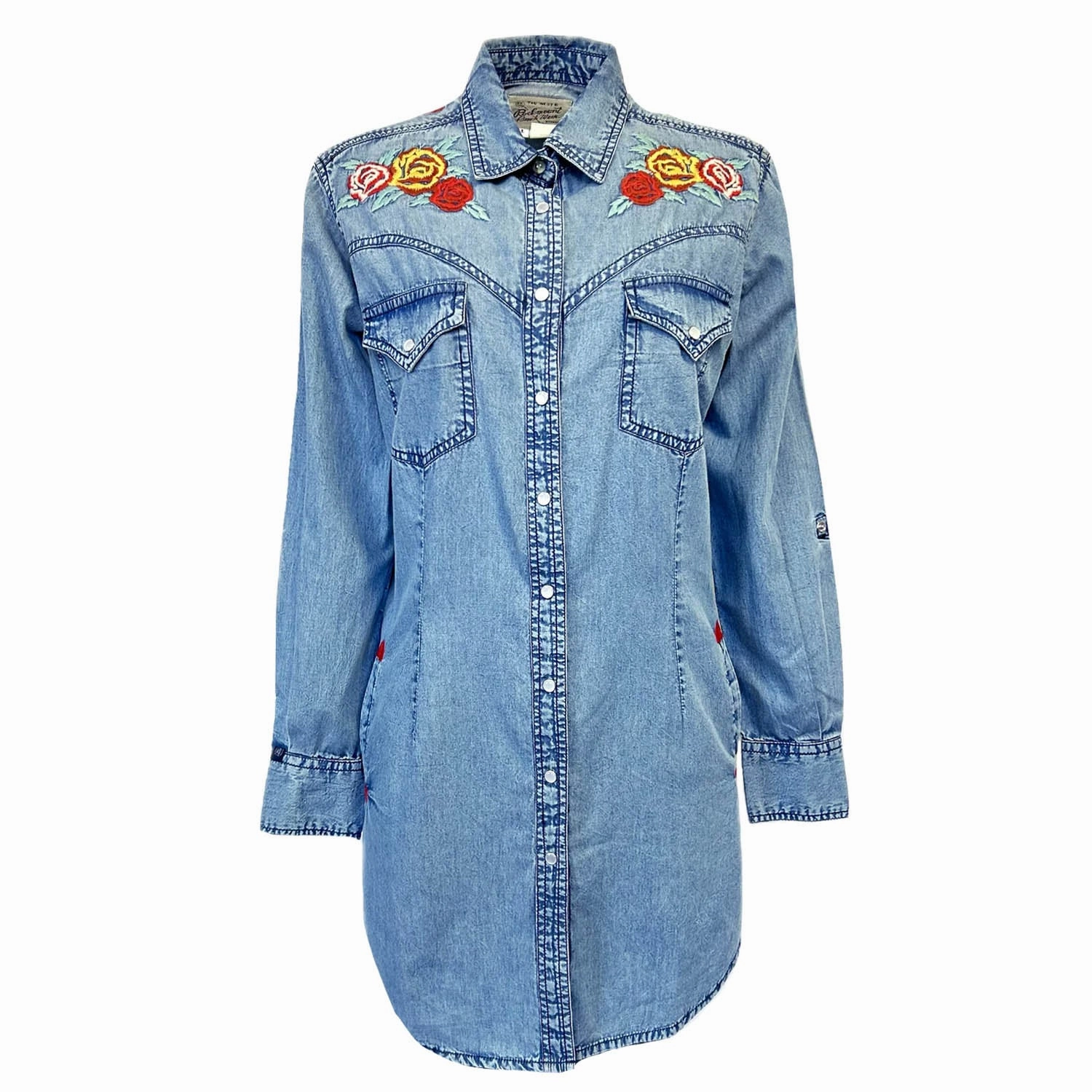 Classic wrap dress Rockmount Womens Floral Embroidery Western Denim 100% Cotton L/S Dress