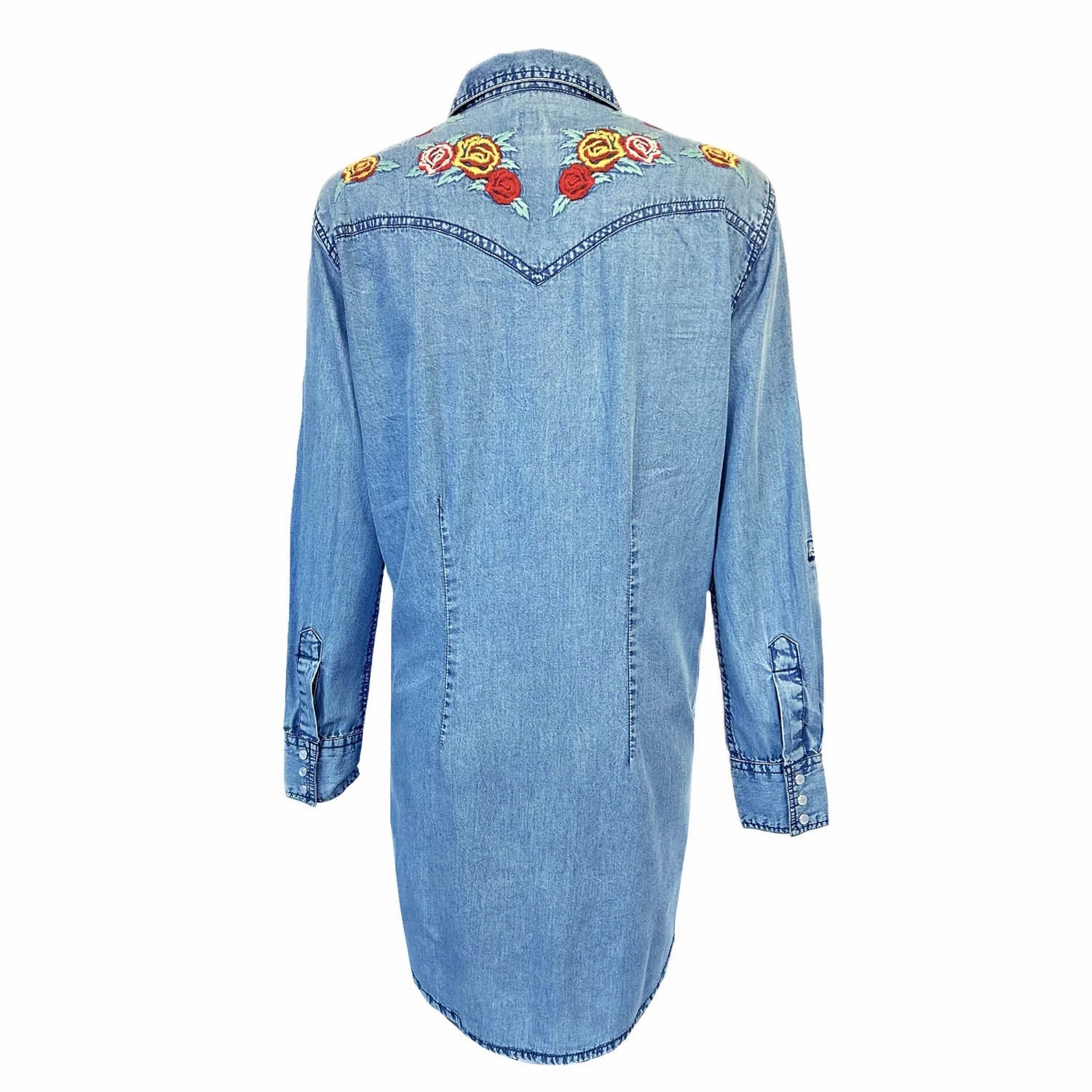 Rockmount Womens Floral Embroidery Western Denim 100% Cotton L/S Dress Outdoor Layer Chic Look
