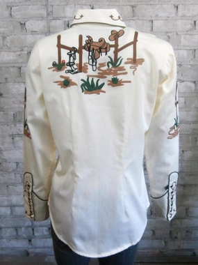 Polished Style Mountain Escape Rockmount Womens Ivory 100% Cotton Vintage Cactus & Boots L/S Shirt