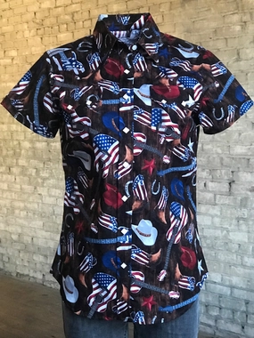 Essential Wardrobe Rockmount Womens Multi-Color 100% Cotton American Flag Western S/S Shirt