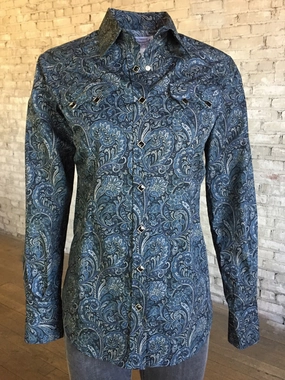 Rockmount Womens Navy 100% Cotton Paisley Print Western L/S Shirt Versatile Styling