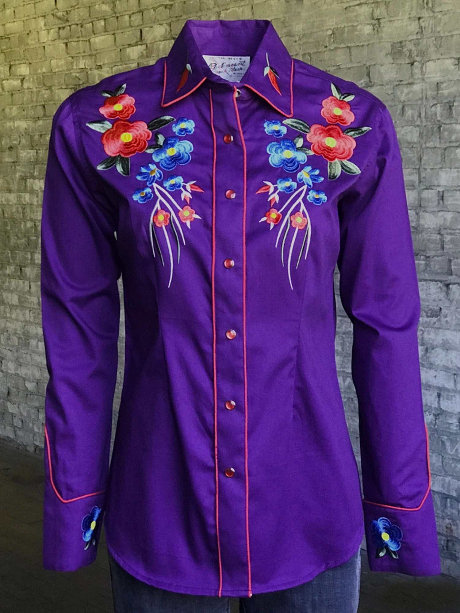 Raw edge Rockmount Womens Purple 100% Cotton Floral Bouquet Western L/S Shirt