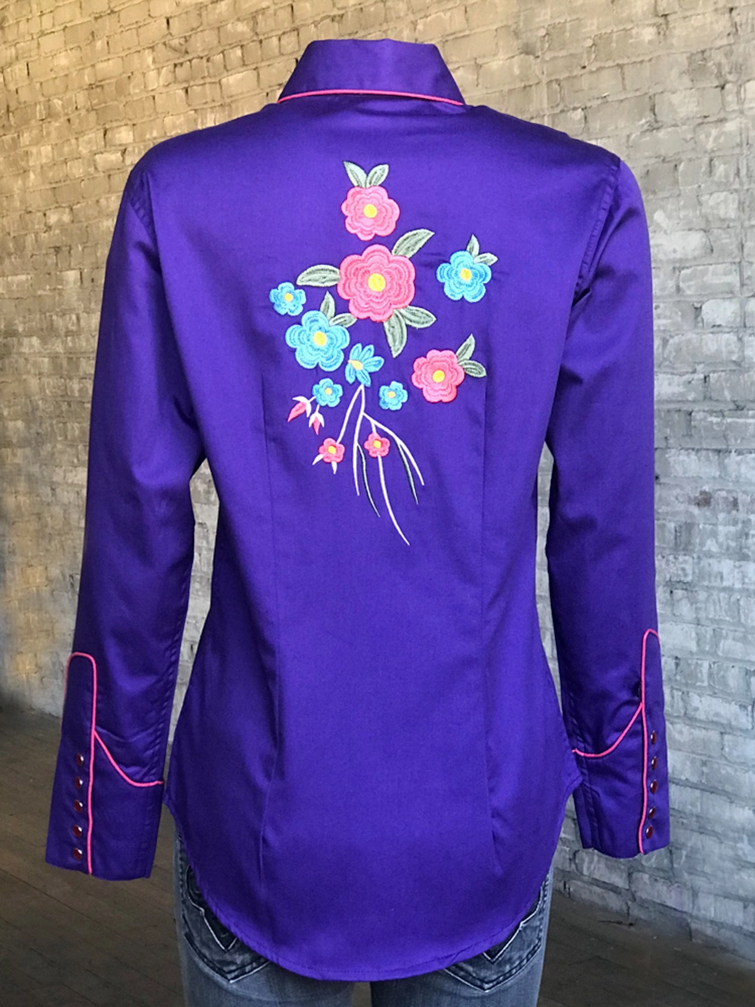 Comfort Wear Rockmount Womens Purple 100% Cotton Floral Bouquet Western L/S Shirt