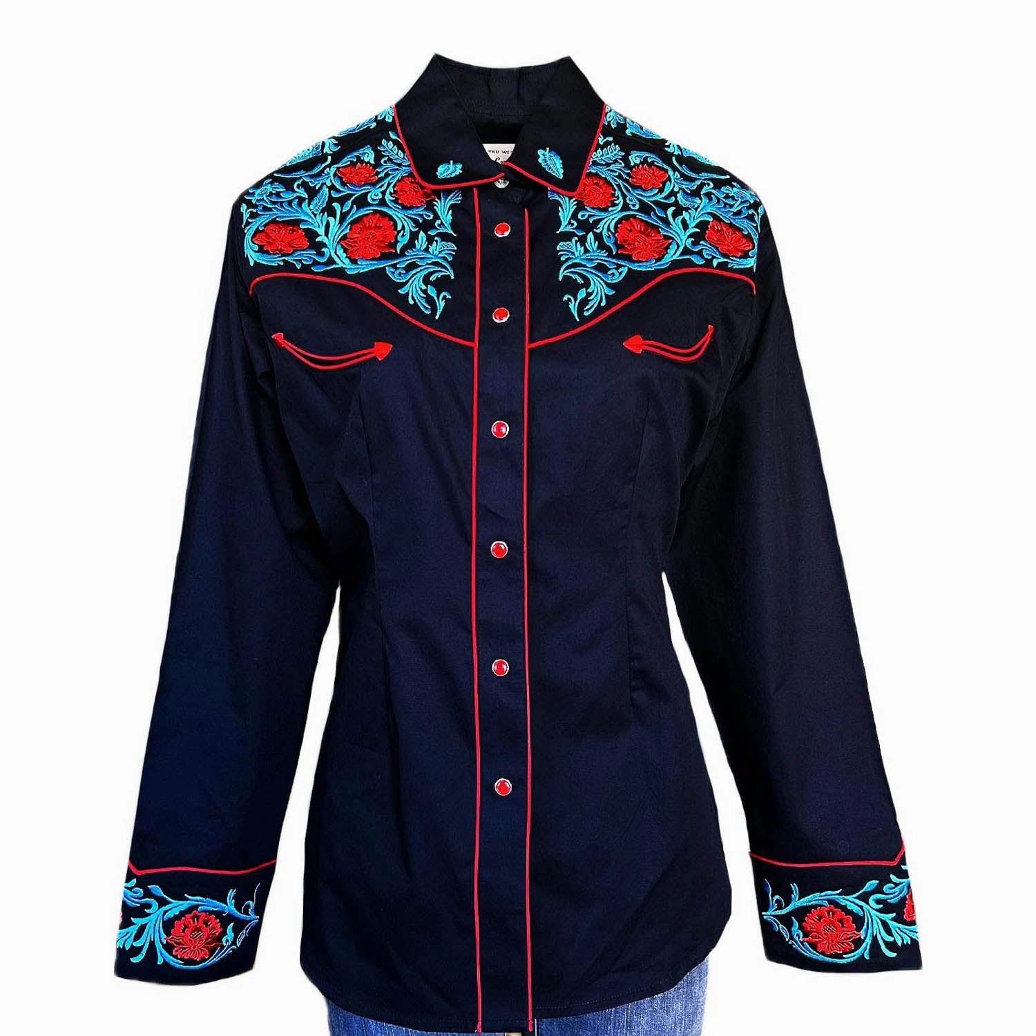 Pocket Detail Versatile Style Rockmount Womens Vintage Floral Embroidered Black 100% Cotton L/S Shirt