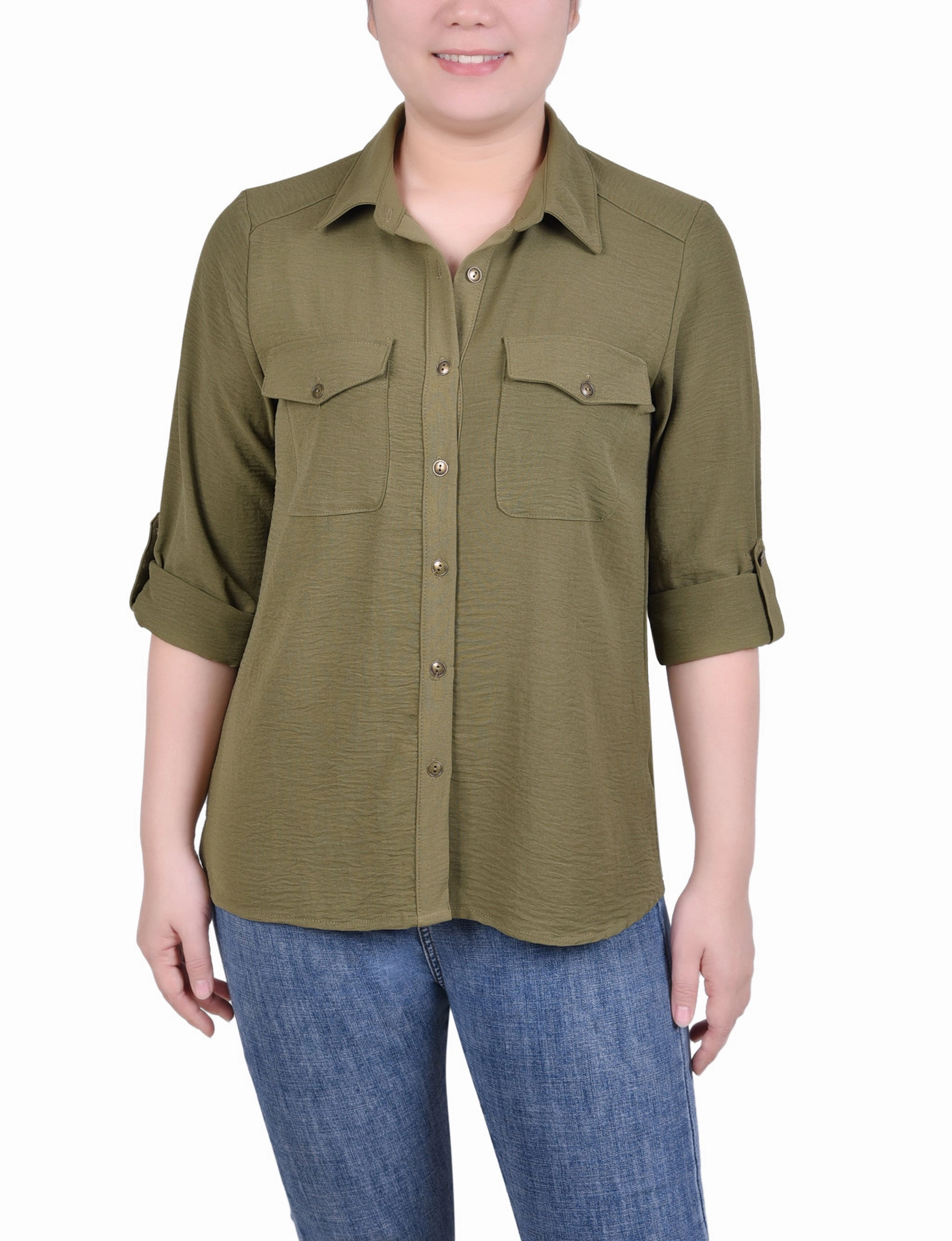 Brushed Inner Layer BreathableMeshInsert Roll Tab Blouse