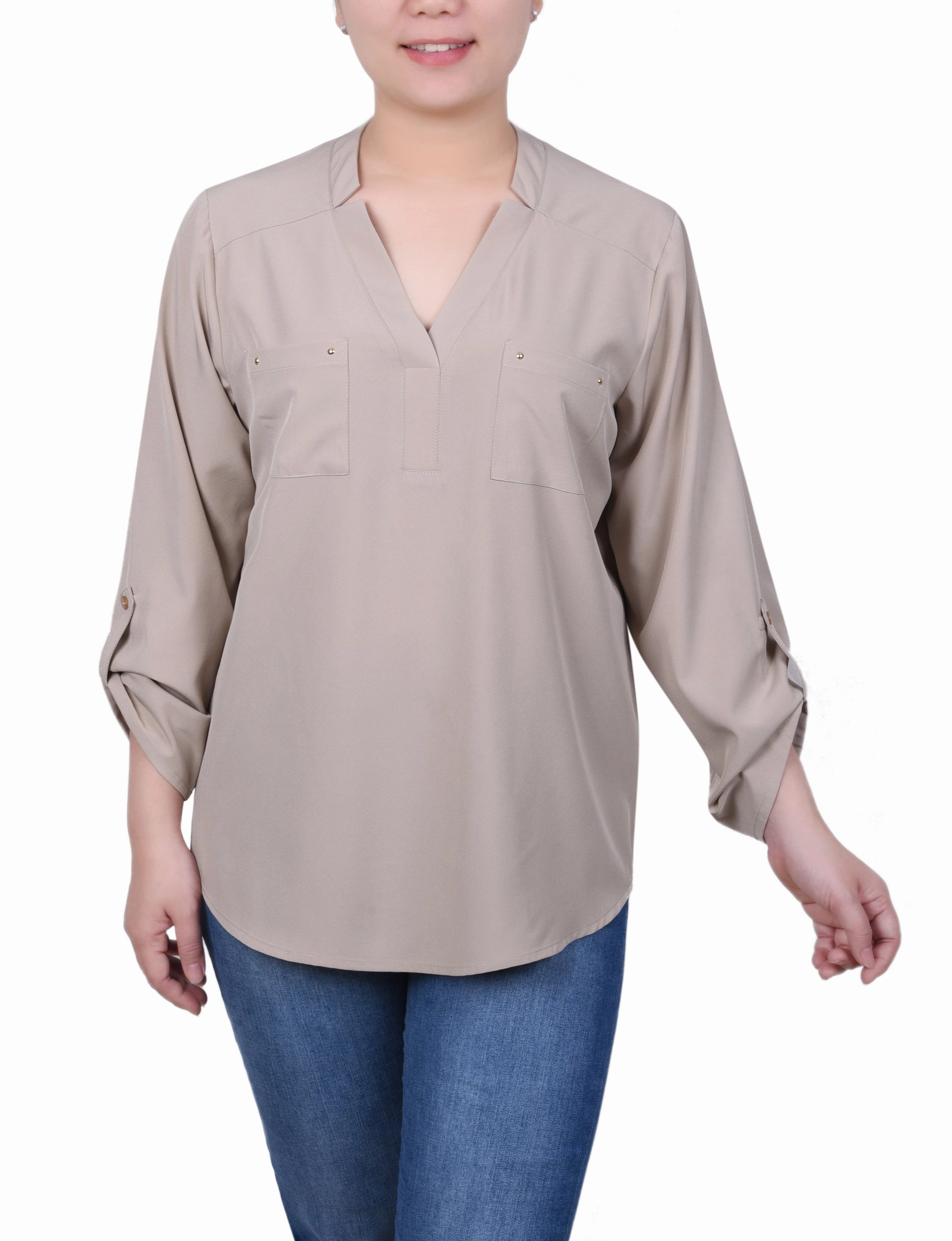 Shape Retention Fabric Roll Tab Sleeve Blouse with Pockets