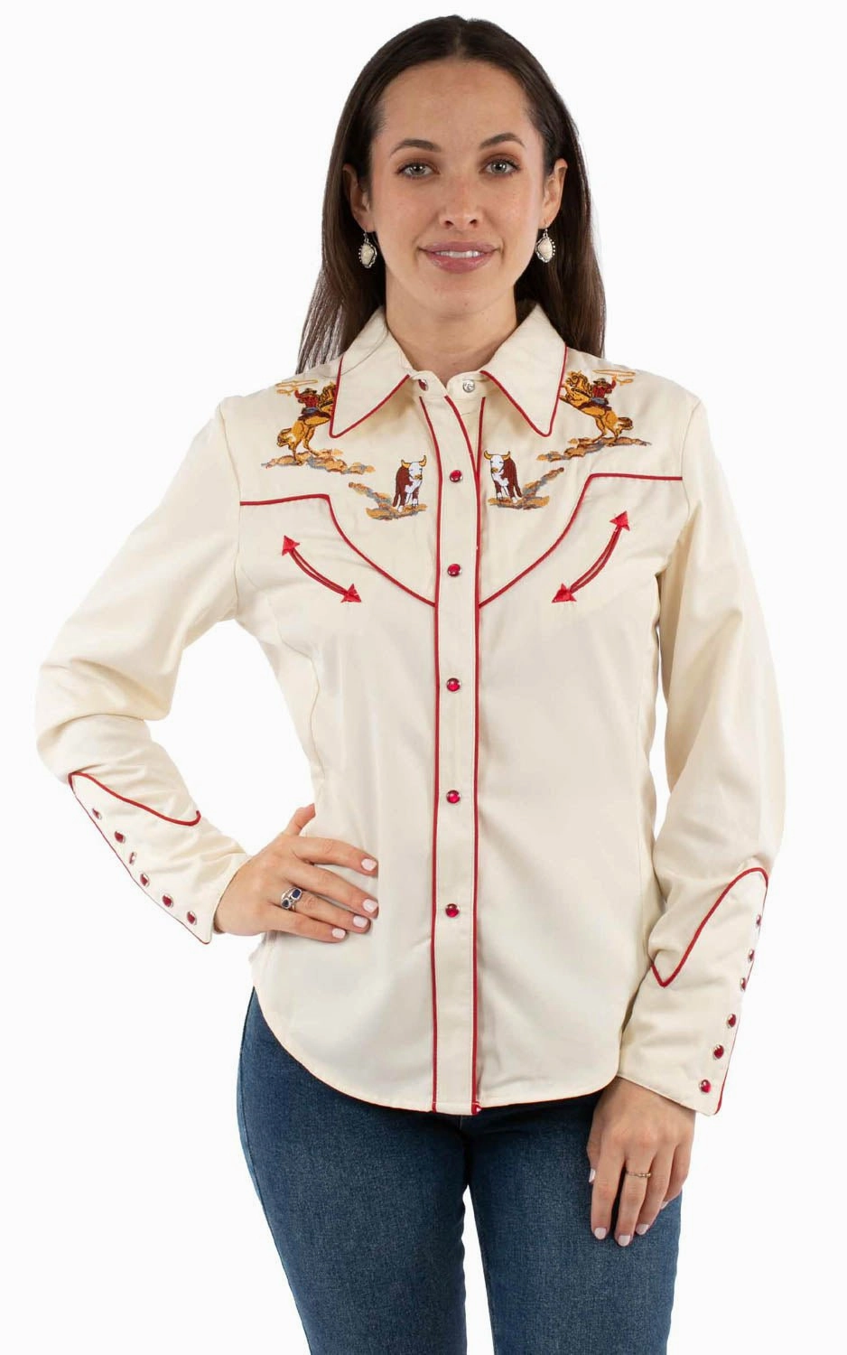 Multi Functional Pockets Interview Ready Scully Womens Cattle Roper Embroidery Cream Poly/Rayon L/S Shirt