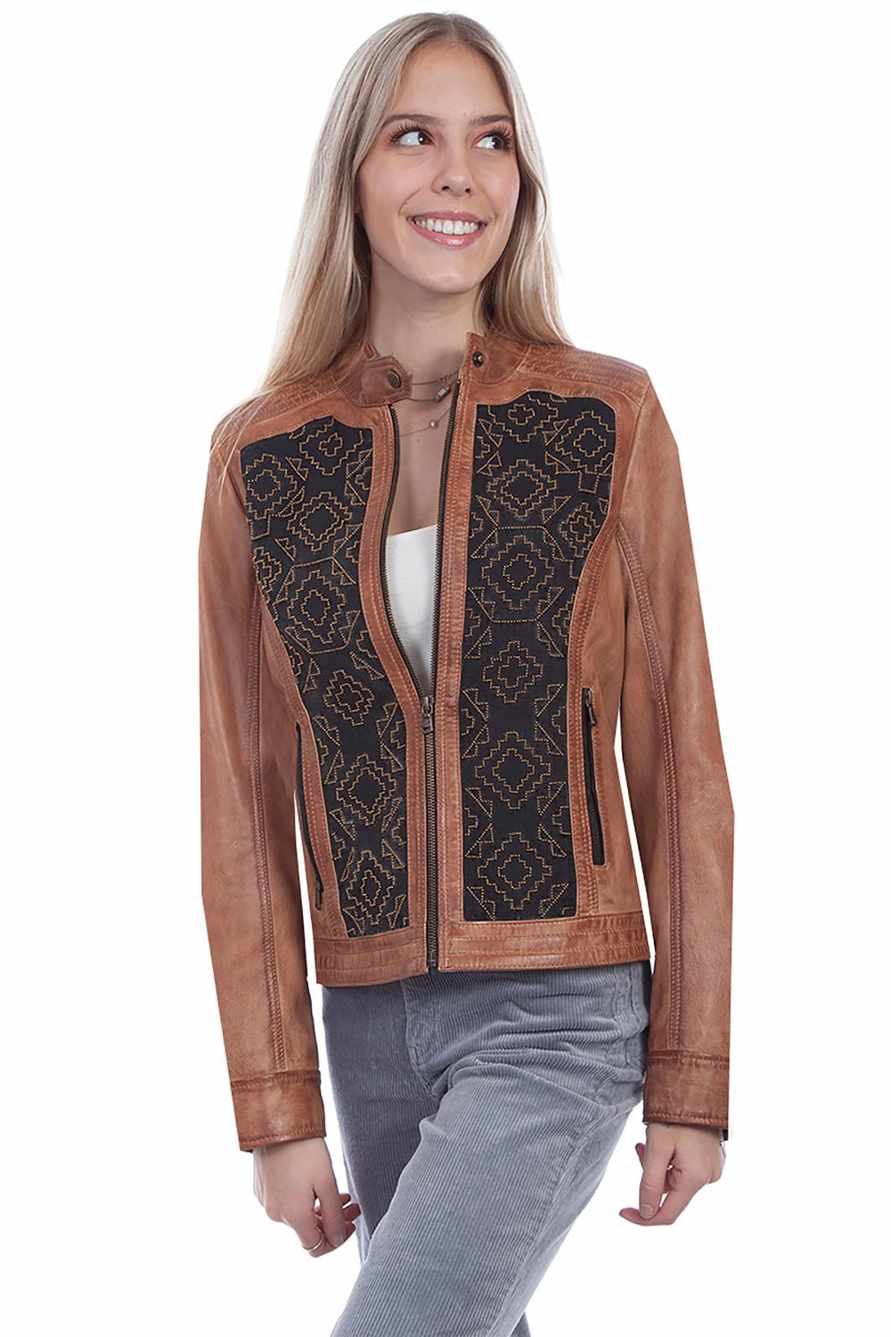 Scully Womens Cognac Lamb Leather Beaded Panel Jacket Temperature Regulating Fill