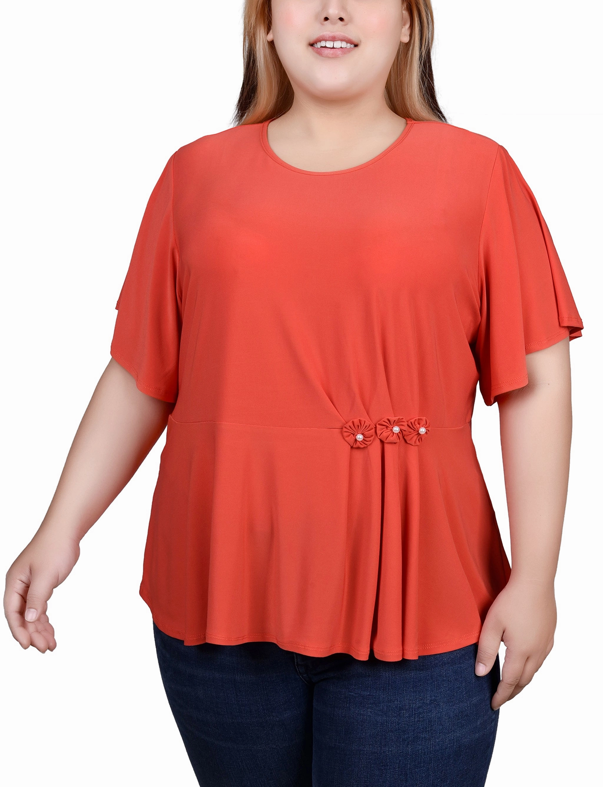 Plus Size Flutter Sleeve Flower-Detail Top Butter Soft Handfeel