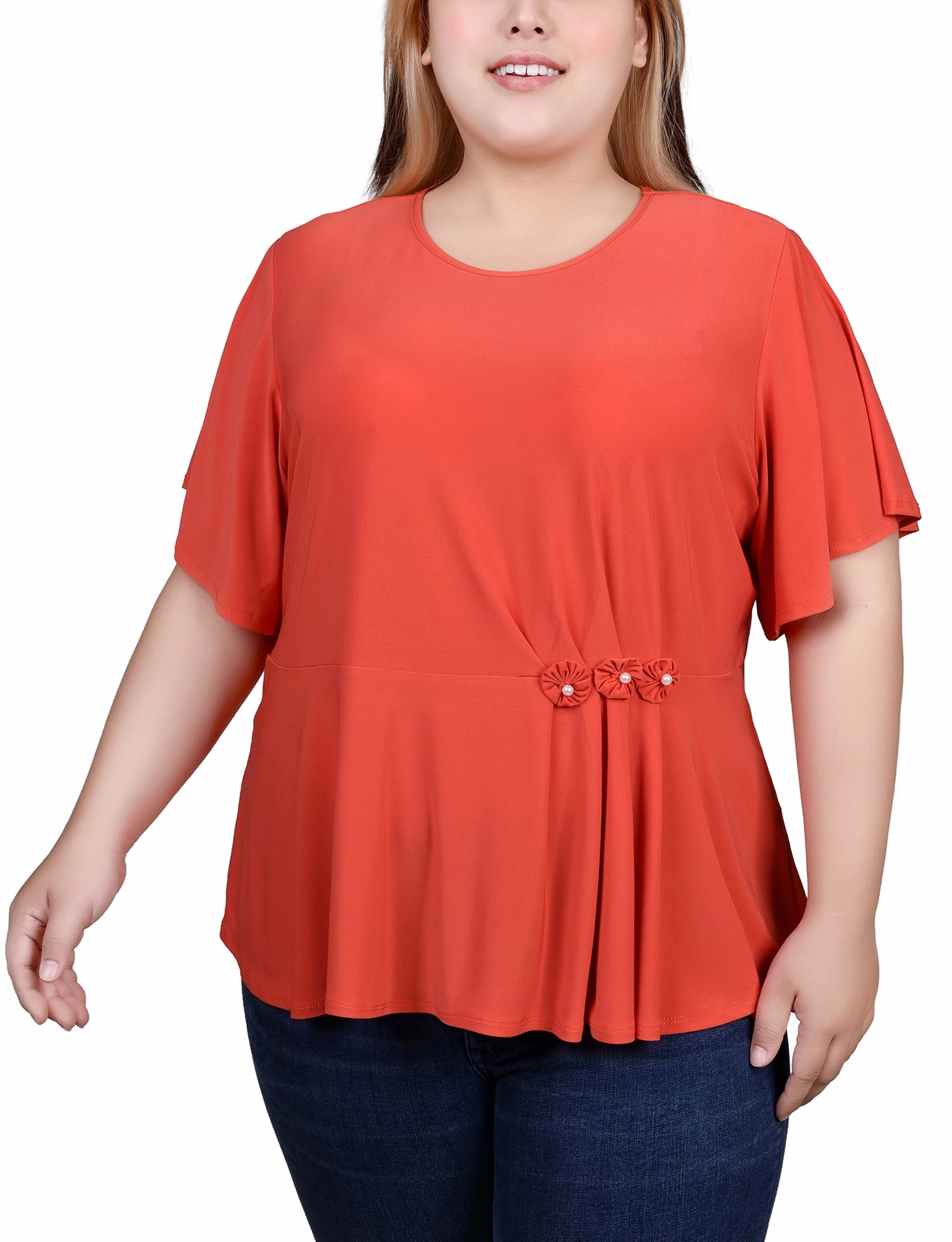 Anti Odor Finish Plus Size Flutter Sleeve Flower-Detail Top