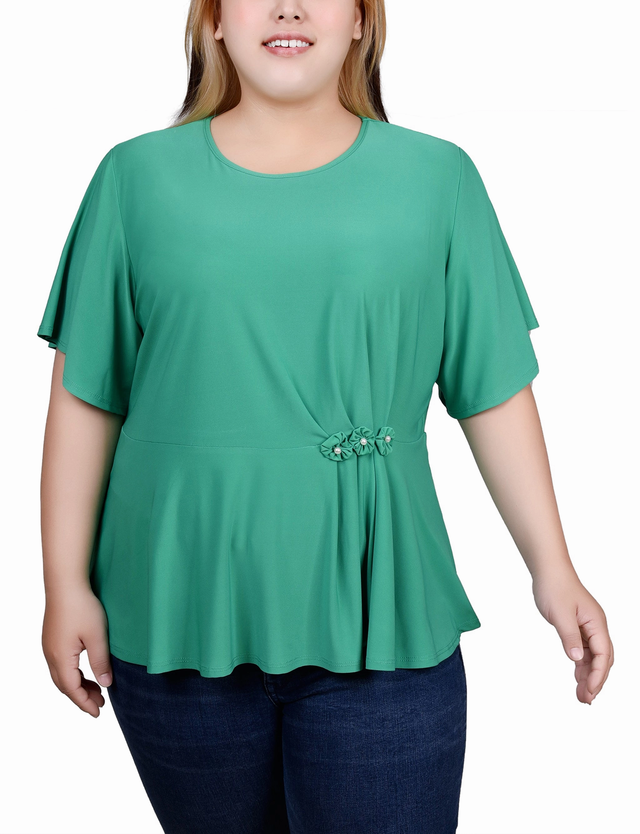 Temperature Regulating Textile Plus Size Flutter Sleeve Flower-Detail Top