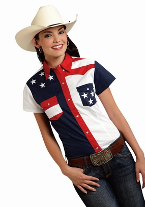 Asymmetrical Cut Non Iron Material Roper Americana Ladies Blue 100% Cotton Colorblock S/S Flag Western Shirt