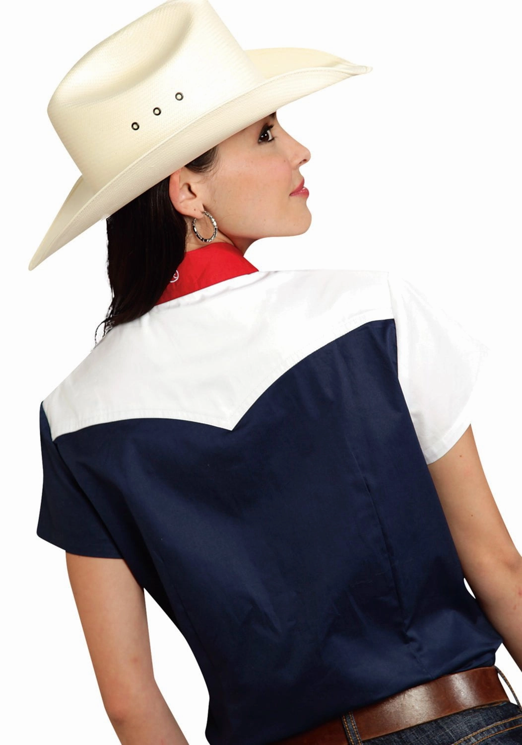 Thermal regulation Roper Americana Ladies Blue 100% Cotton Colorblock S/S Flag Western Shirt