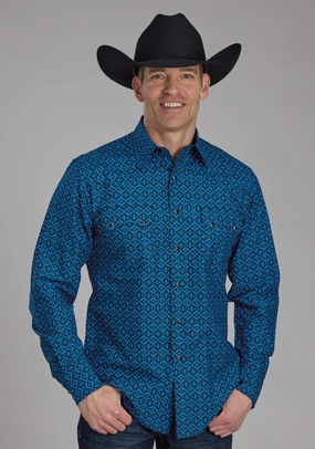 Lightweight Layer Roper Mens 2181 Aztec Tile Blue 100% Cotton L/S Shirt