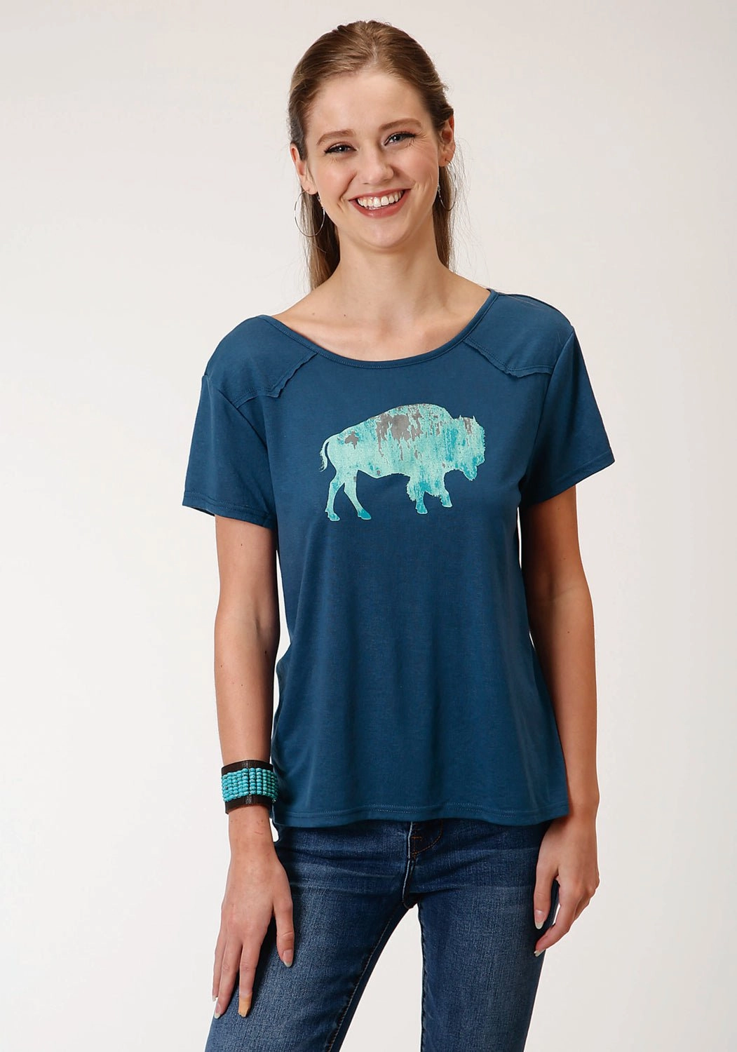 fade resistant color wrinkle free Roper Womens Navy Blue Poly/Rayon Buffalo Yoke S/S T-Shirt
