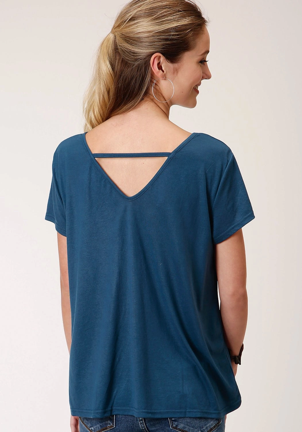 Roper Womens Navy Blue Poly/Rayon Buffalo Yoke S/S T-Shirt Fade Resistant Formula Luxurious Feel