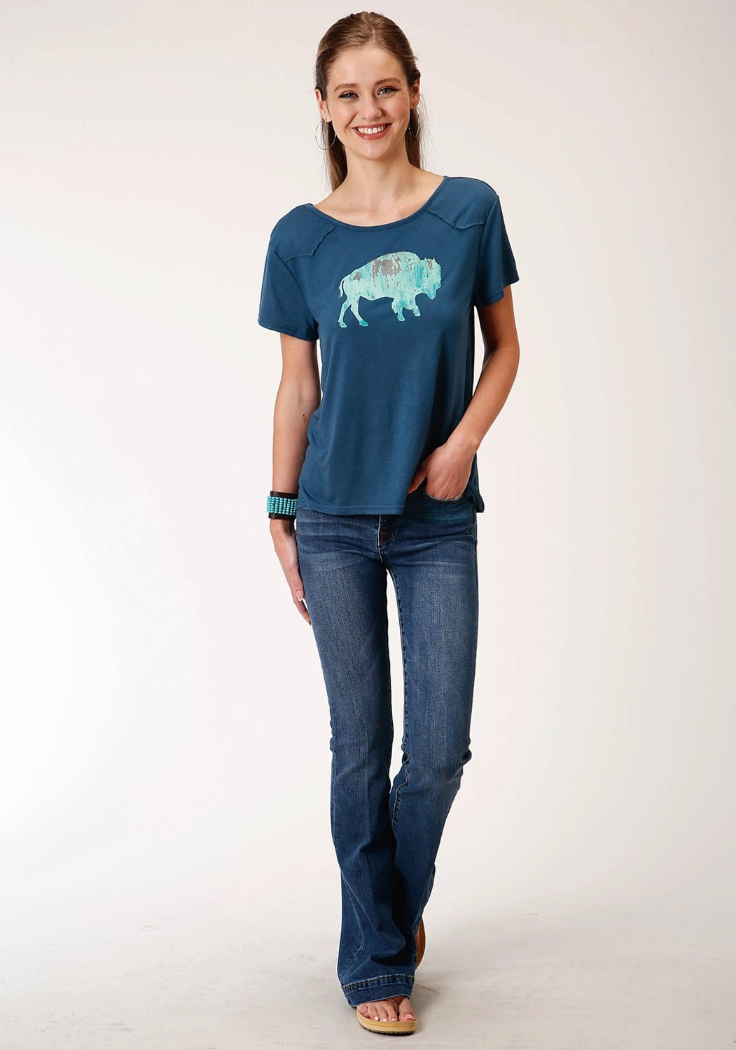 Roper Womens Navy Blue Poly/Rayon Buffalo Yoke S/S T-Shirt Versatile Outfit slim cut