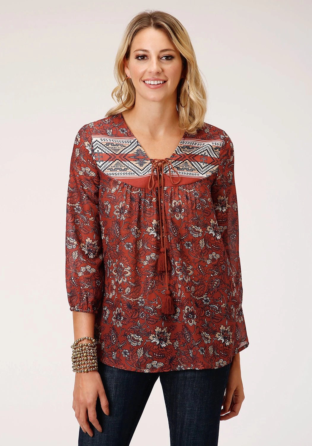 Seasonal Fashion Sustainable Weave Roper Womens Rust Polyester Floral Border 3/4 Sleeve Blouse