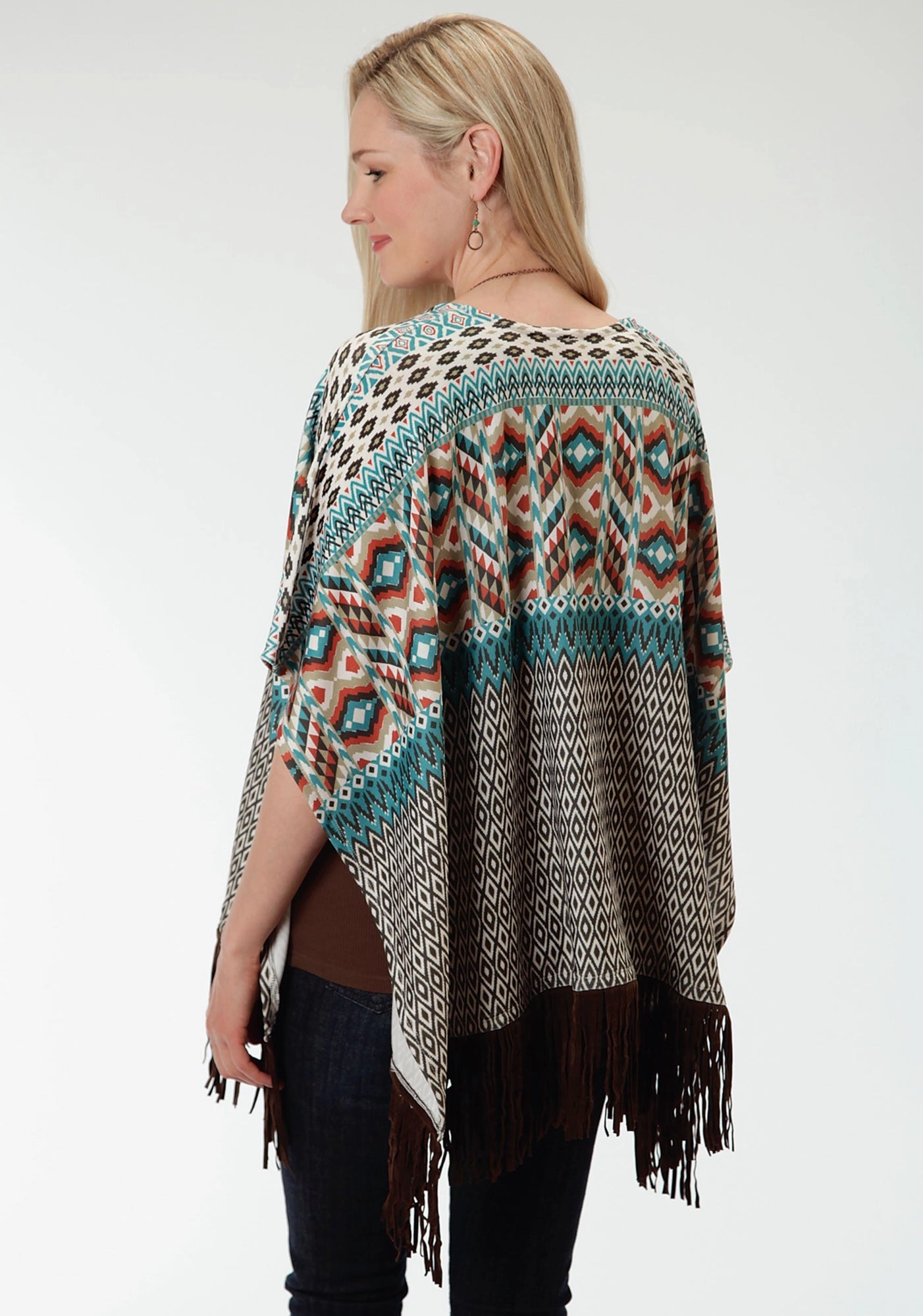Recycled Material Sport Fit Roper Aztec Print Ladies Brown Polyester Poncho Sweater
