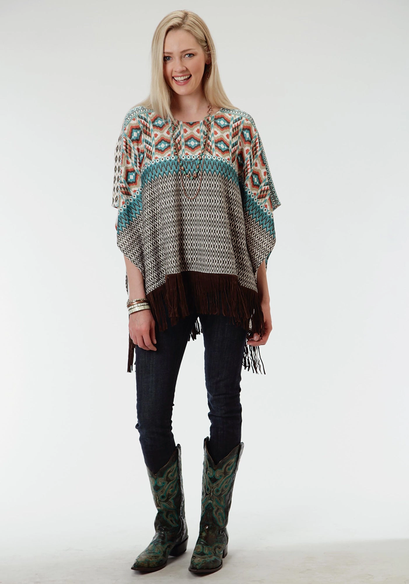 Roper Aztec Print Ladies Brown Polyester Poncho Sweater Breathable mesh lining Casual Wear