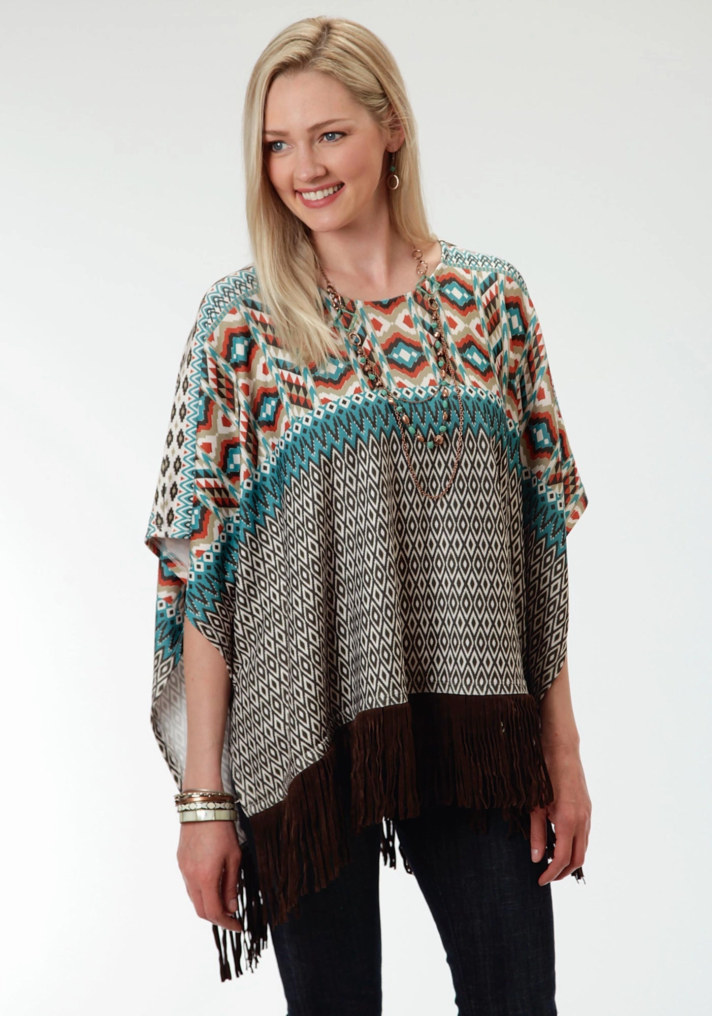 Seamless Edge Finishing Minimal Detailing Roper Aztec Print Ladies Brown Polyester Poncho Sweater