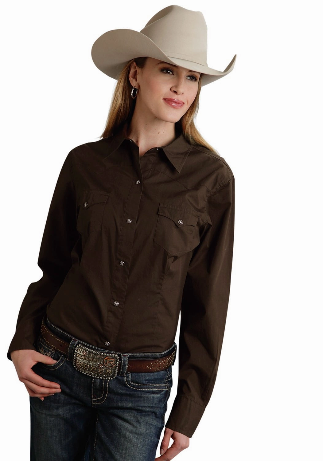 Roper Basic Solid Ladies Chocolate 100% Cotton L/S Western Shirt Glossy Texture Shimmer Effect
