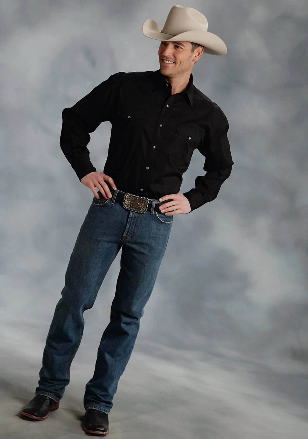 Breathable Lining Roper Basic Solid Mens Black 100% Cotton Poplin L/S 2 Pkt Western Shirt