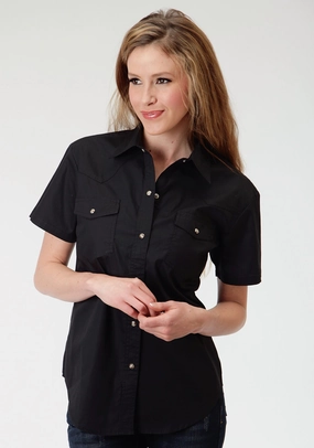 Rugged Style Roper Basics Ladies Black 100% Cotton Solid Poplin S/S Shirt