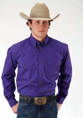 Roper Basics Mens Purple 100% Cotton Solid Poplin Btn L/S Shirt Vintage Style Odor Control Fabric