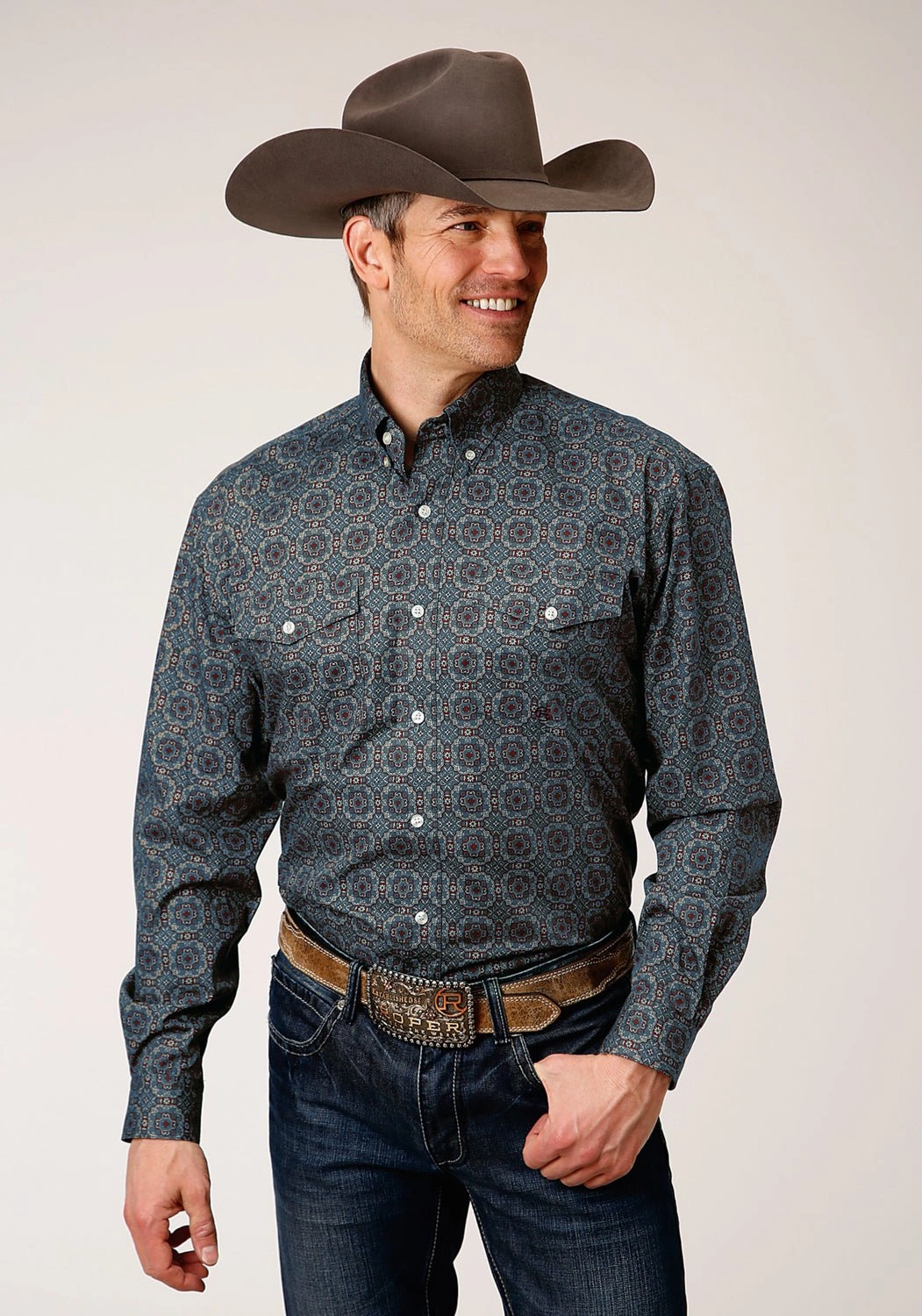 Roper Mens 1378 Redwood Medallion Grey 100% Cotton Btn L/S Shirt High-Quality Material