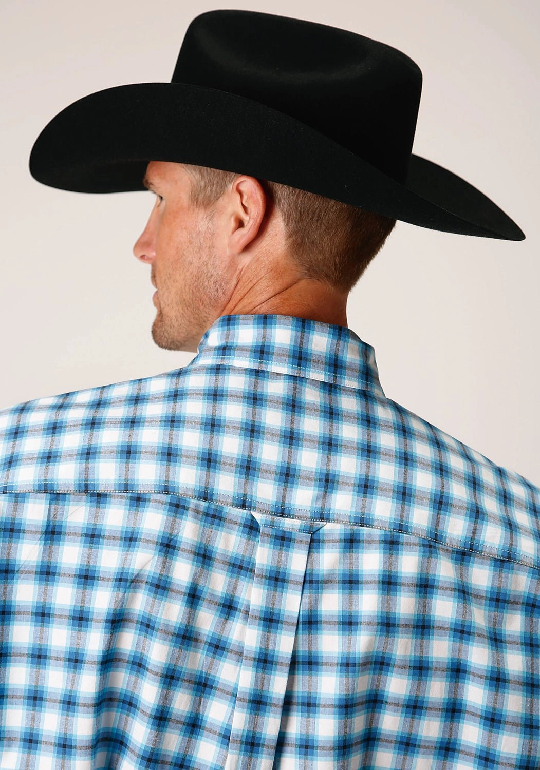 Roper Mens 1459 Stretch Check Blue Cotton Blend 1 Pkt S/S Shirt Low Maintenance Pocket Detail