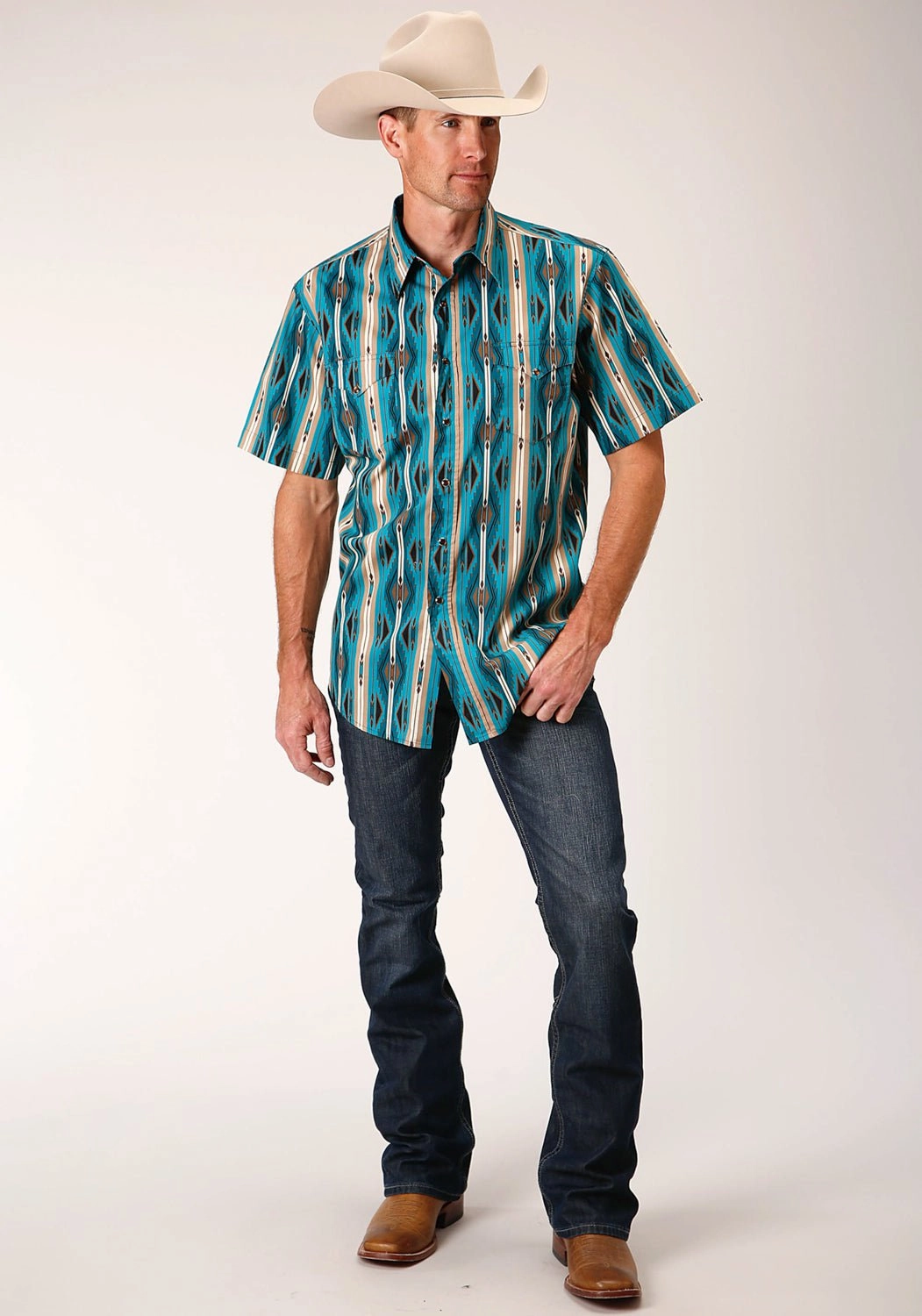 Tagless Design Roper Mens 1475 Aztec Stripe Green 100% Cotton S/S Shirt