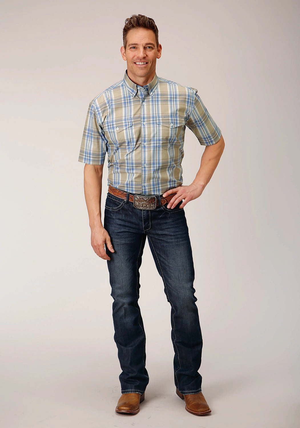 Distressed finish Functional Wear Roper Mens 1552 Sandy Plaid Tan 100% Cotton Btn S/S Shirt