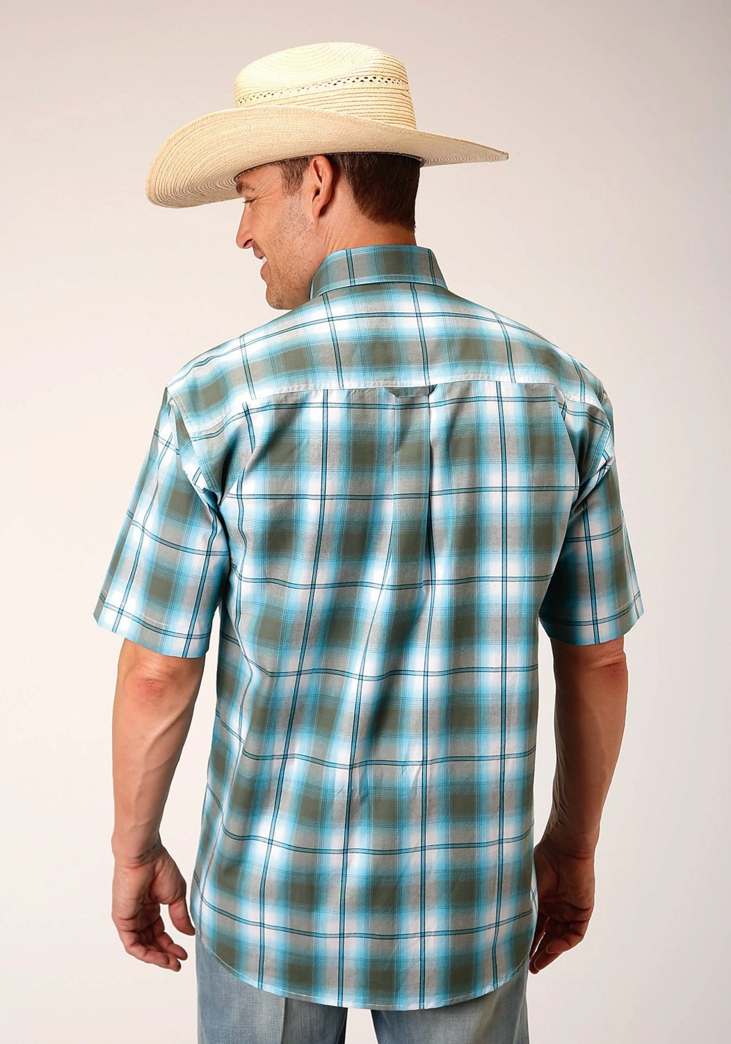 Roper Mens 1555 Meadow Plaid Green 100% Cotton 1 Pkt S/S Shirt Fitted Design