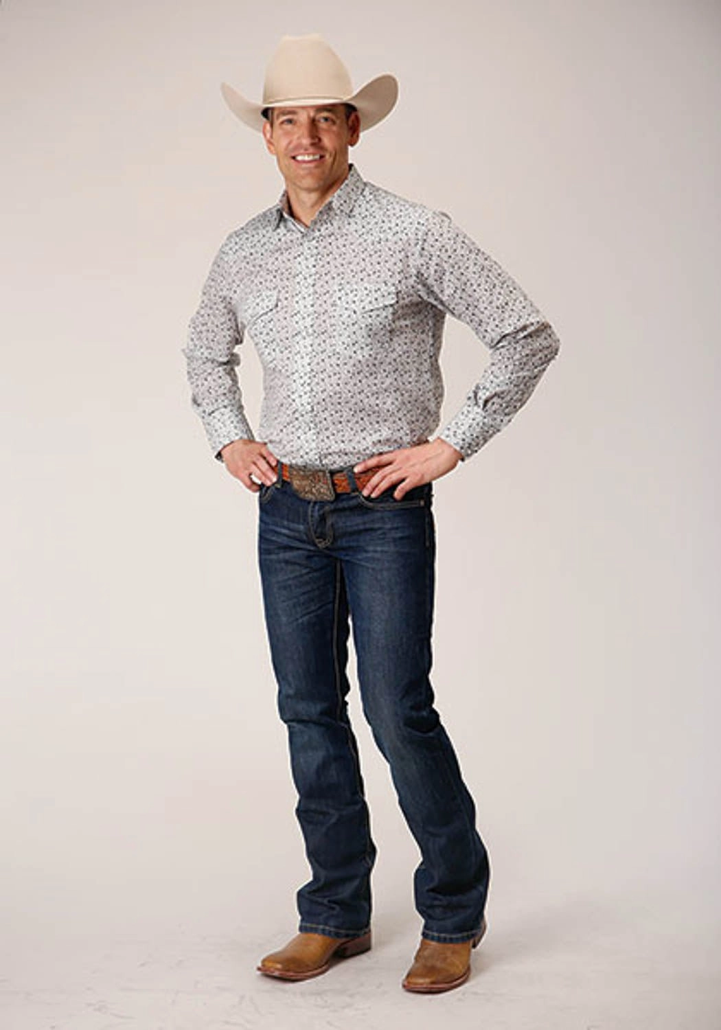 Roper Mens 1626 Mini Floral White/Blue Cotton Blend L/S Shirt Wrinkle Free Care