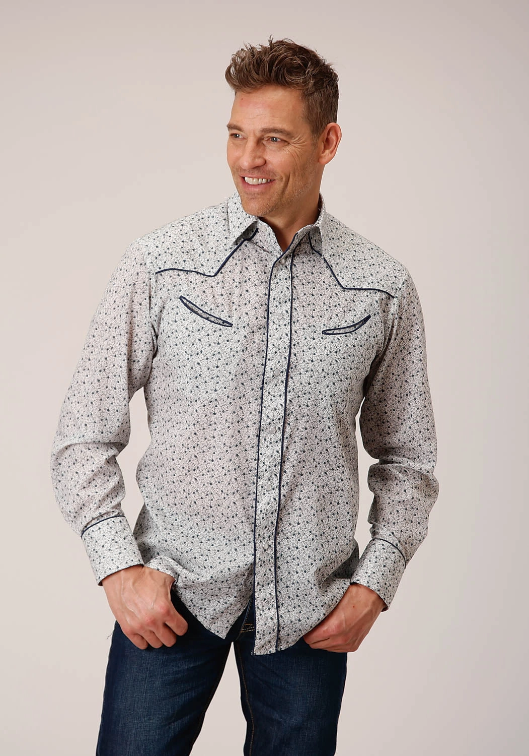 Roper Mens 1626 Retro Mini Floral Blue Cotton Blend L/S Shirt Luxury Feel