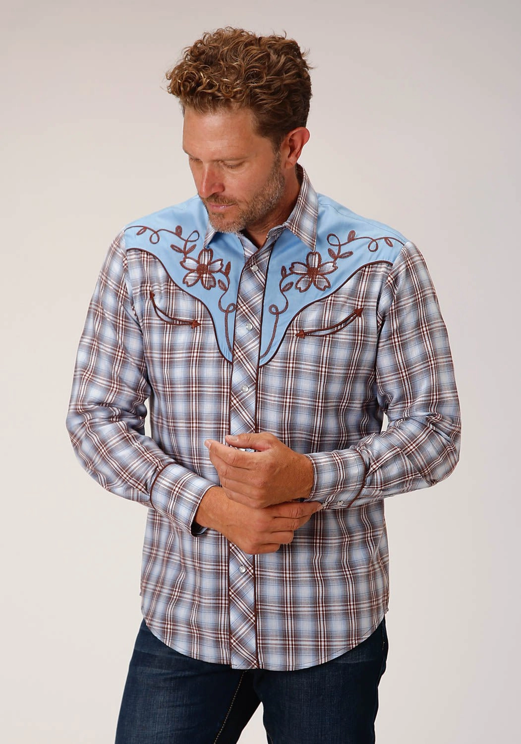 Moisture Wicking Layer Roper Mens 1634 Plaid Fancy Blue/Chocolate Cotton Blend L/S Shirt