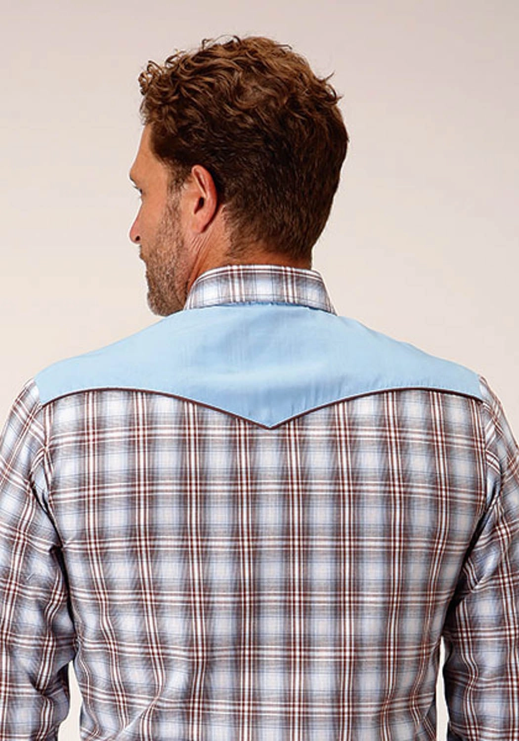 Roper Mens 1634 Plaid Fancy Blue/Chocolate Cotton Blend L/S Shirt Weekend Style