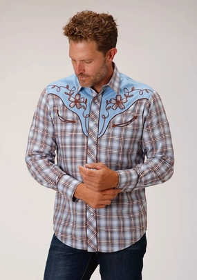 Moisture Wicking Layer Roper Mens 1634 Plaid Fancy Blue/Chocolate Cotton Blend L/S Shirt