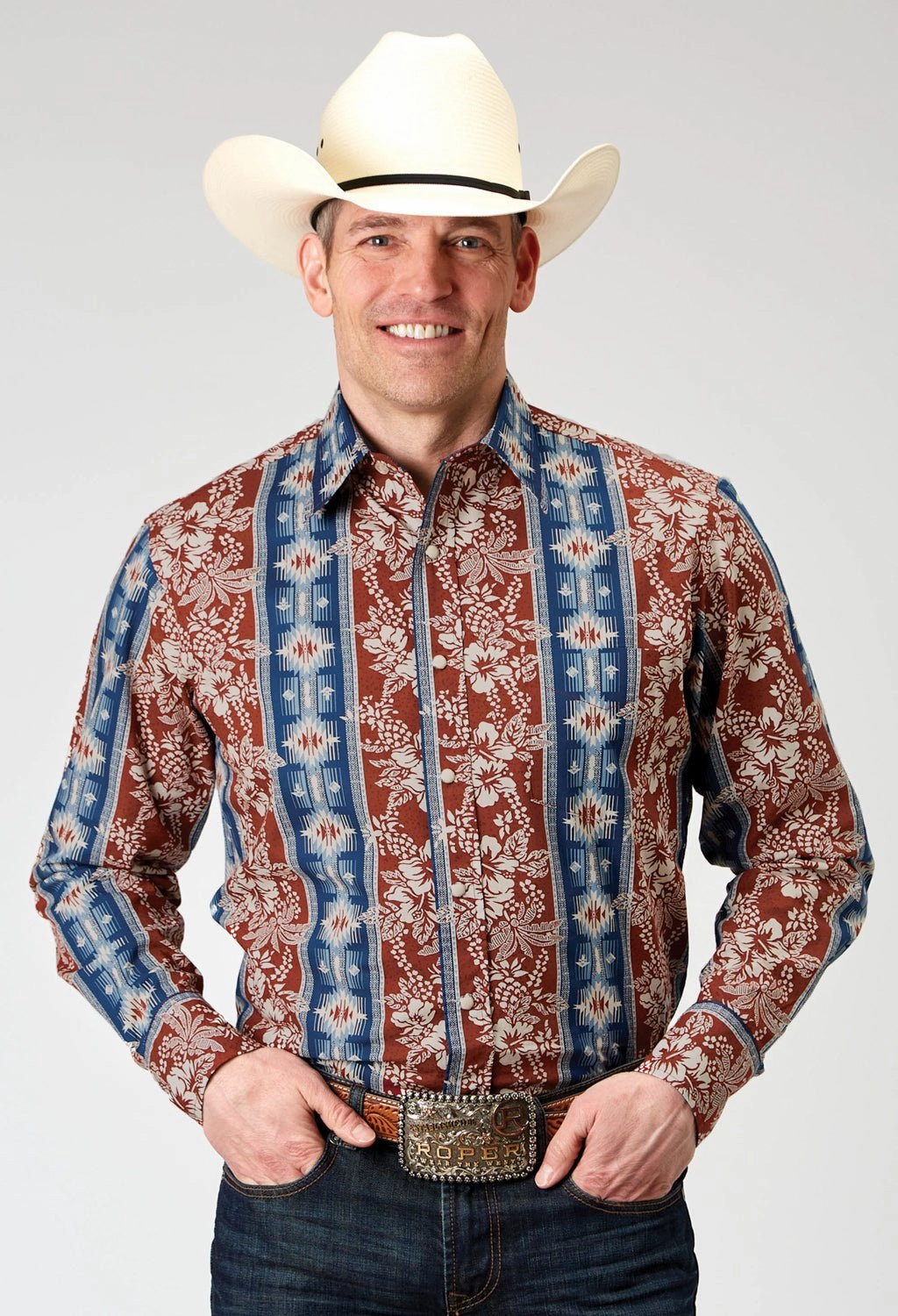 Roper Mens 1893 Vertical Tropical Aztec Red 100% Cotton L/S Shirt UV Protective Coating Trendy designs