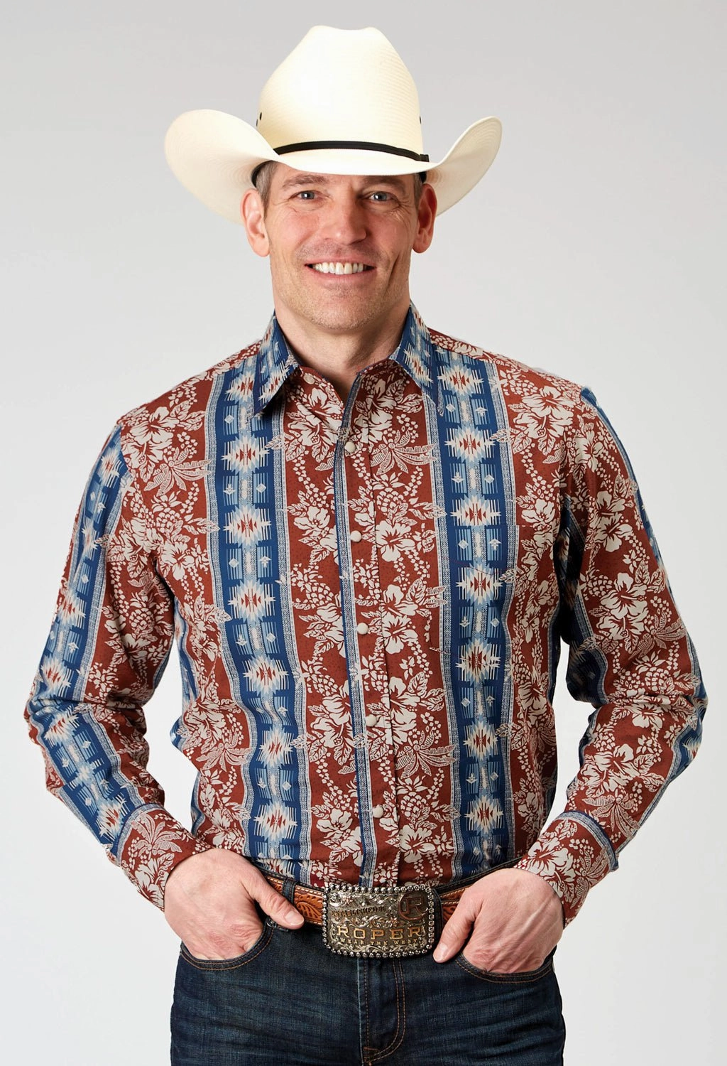 Stylish Element Pre Shrunk Cotton Blend Roper Mens 1893 Vertical Tropical Aztec Red 100% Cotton L/S Shirt