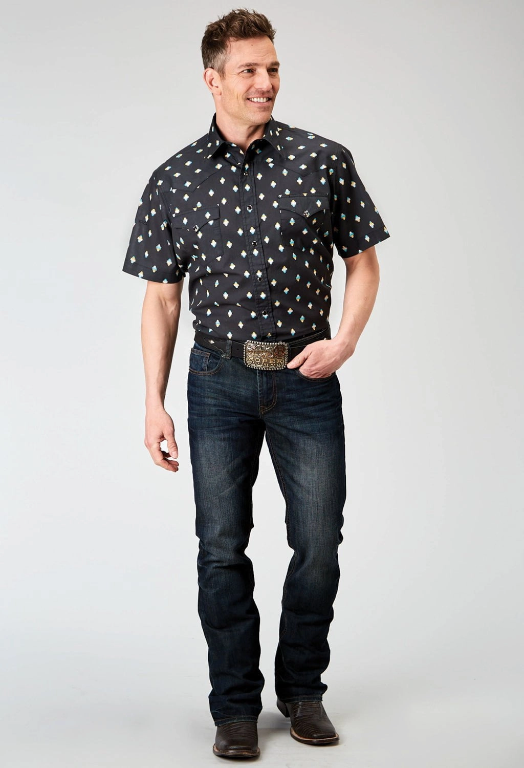 Roper Mens 1897 Ombre Aztec Black 100% Cotton S/S Shirt Anti Static Treatment