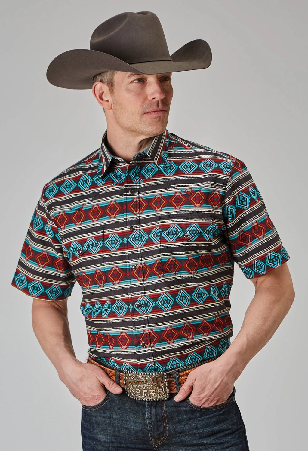 Custom Fit Workwear Ready Roper Mens 1898 Aztec Stripe Red 100% Cotton S/S Shirt